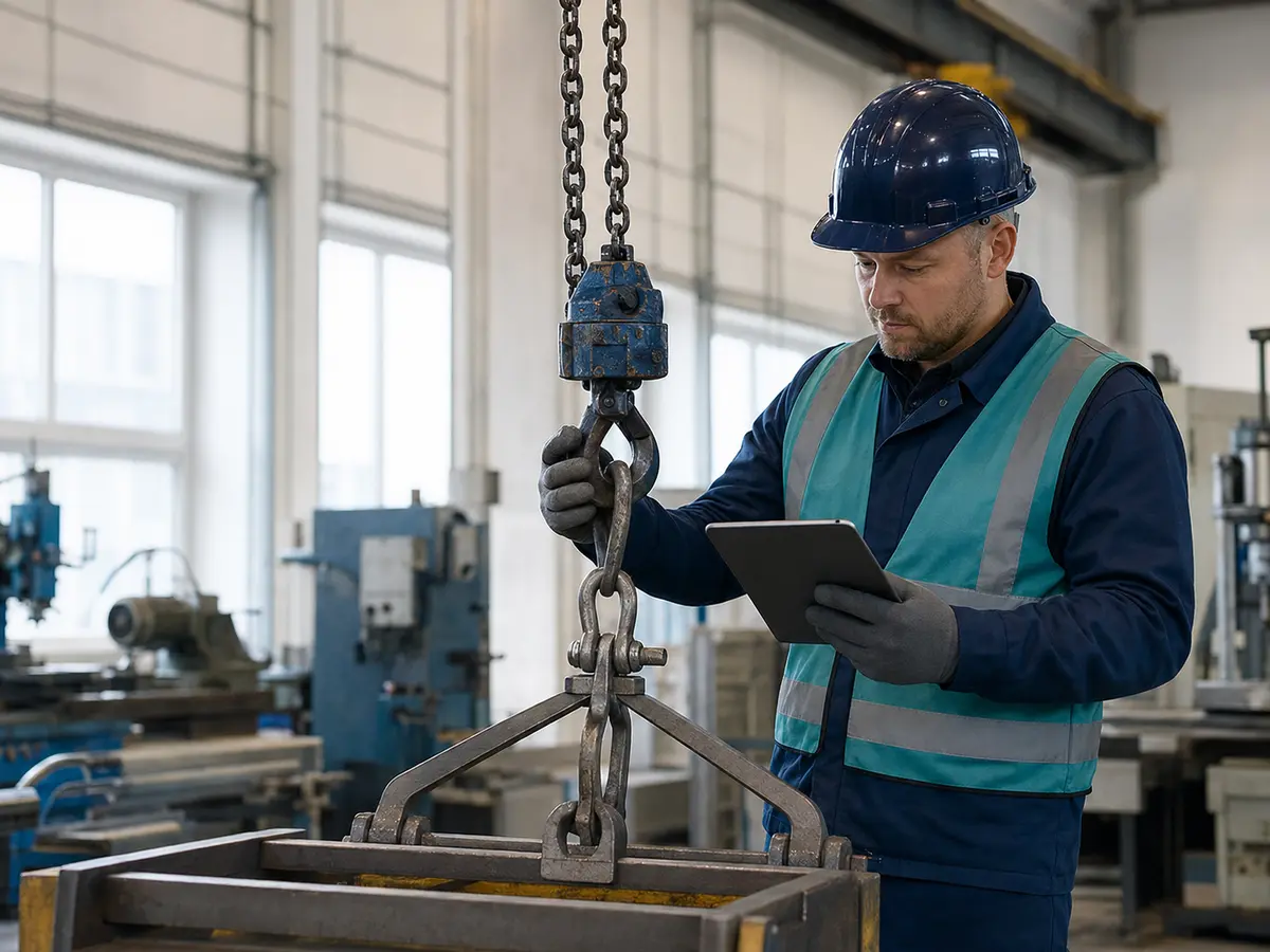 Inspection engineer examining lifting equipment while recording the inspection on a tablet